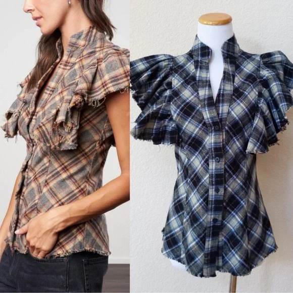 A Shirt Thing plaid flannel ruffle flutter sleeve fitted top M